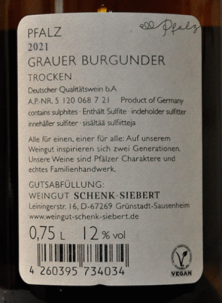 Etikett Grauburgunder Schenk-Siebert