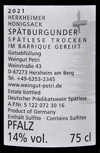 Etikett Spätburgunder Spätlese trocken, 2021 Herxheimer Honigsack – im Barrique gereift
